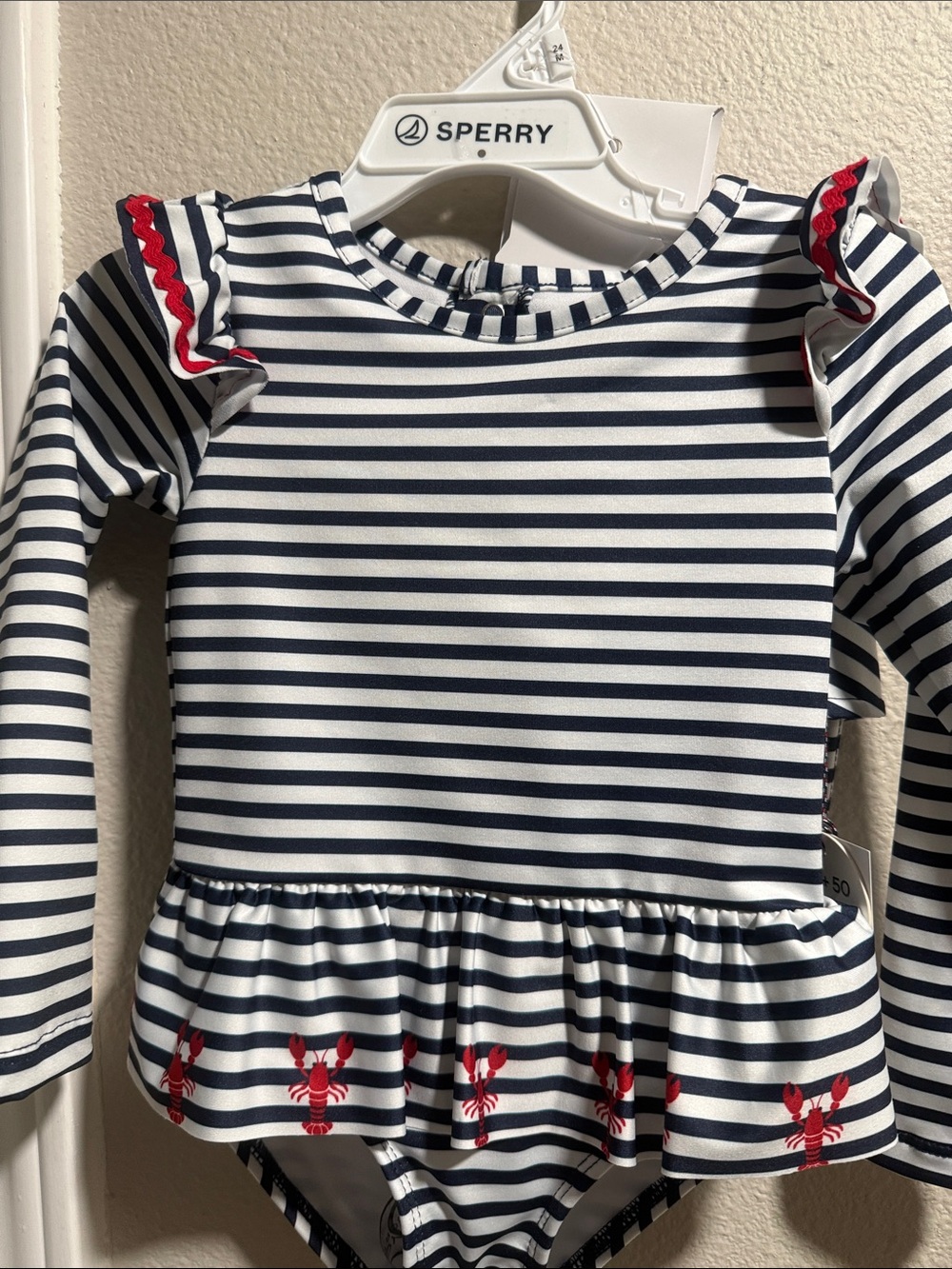 Sperry Navy & White Striped Long-Sleeve Rash Guard with Red Lobster Trim